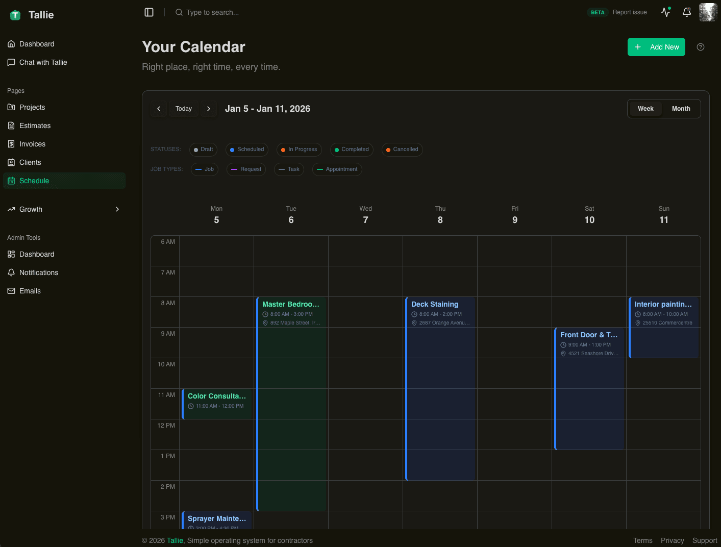 Tallie calendar with color-coded jobs and appointments