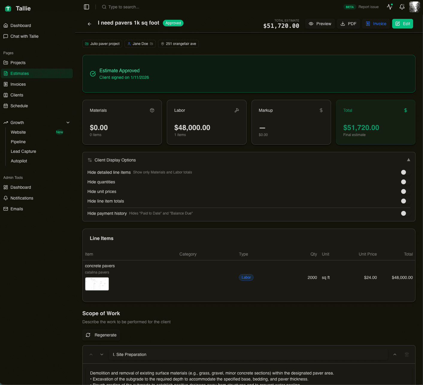 Tallie estimate with AI-generated line items and pricing