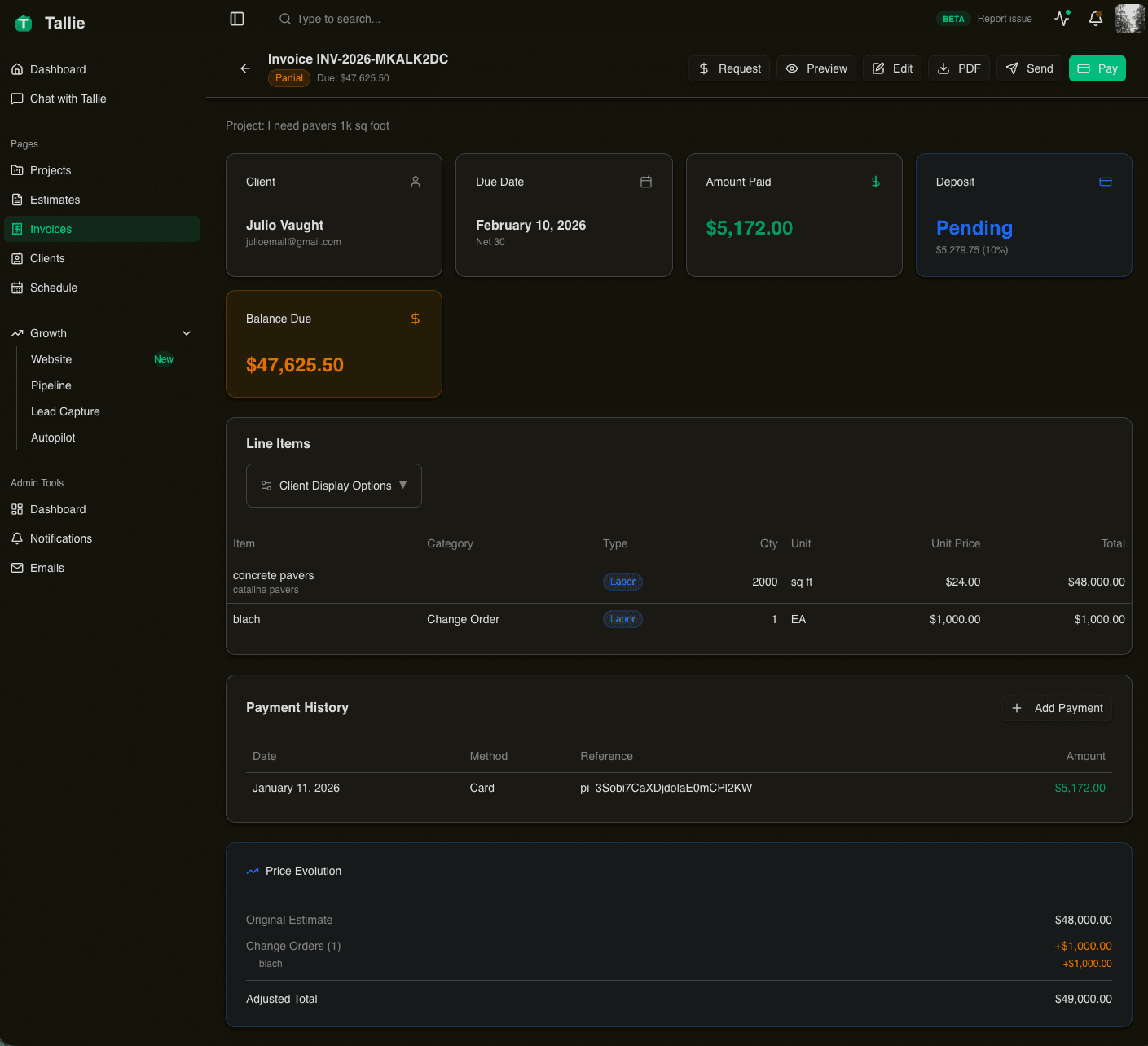 Tallie invoice with payment tracking and change orders
