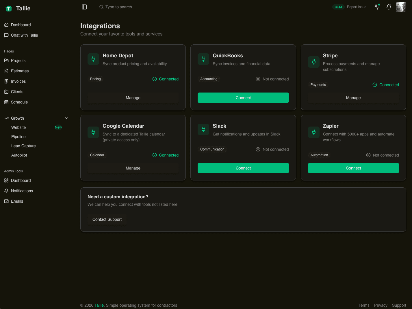 Tallie integrations including Home Depot, Stripe, and QuickBooks