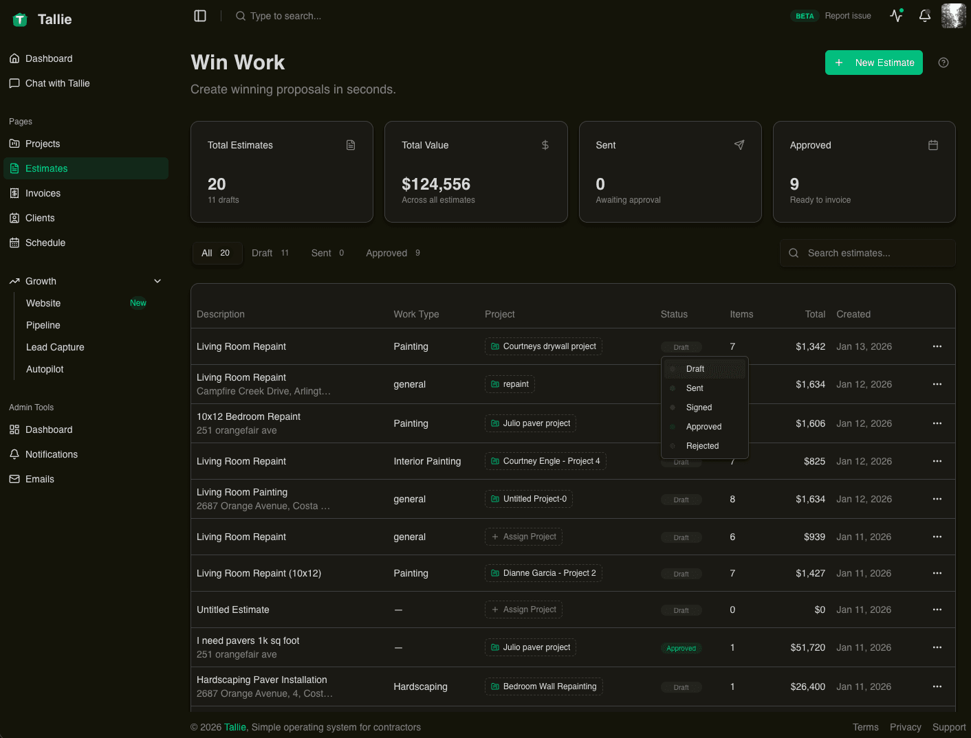 Tallie estimates list with status and value per estimate