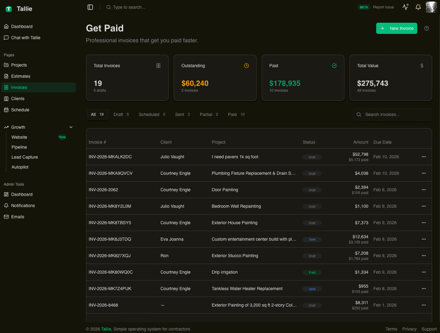 Tallie invoice list showing paid and outstanding invoices